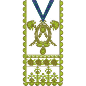 Olive Green and Blue Floral Geometric Neckline Embroidery Design
