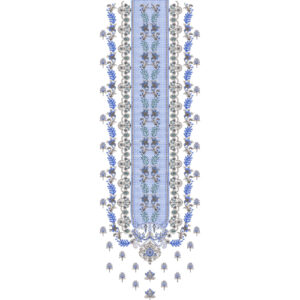 Elegant Blue Floral Neck Embroidery Design with Ornate Border and Hanging Motifs