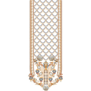Elegant Blue and Gold Geometric Neck Embroidery with Ornamental Floral Border