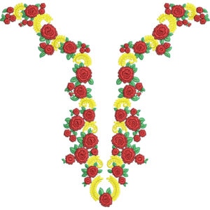 Red Rose and Yellow Floral V-Neck Embroidery Design