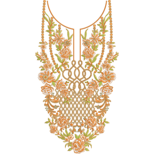Orange Floral Beaded V-Neck Embroidery Design with Ornamental Lattice Center