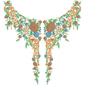 Multicolor Floral V-Neck Embroidery Design with Roses and Ornamental Scrolls