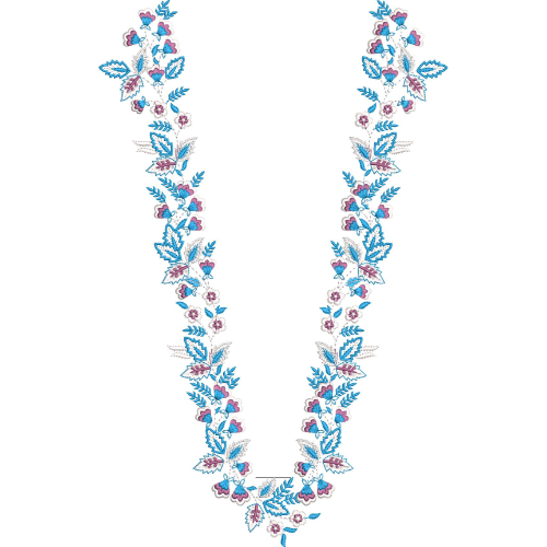 Blue and Pink Floral U-Shaped Neckline Embroidery Design
