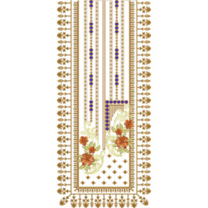 Gold Floral Placket Neckline Embroidery Design with Blue Accents