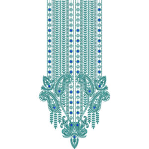 Teal and Blue Paisley Placket Neckline Embroidery Design