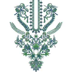 Blue and Green Floral Paisley Neckline Embroidery Design