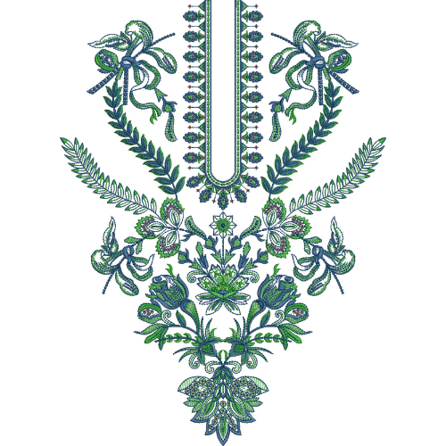 Blue and Green Floral Paisley Neckline Embroidery Design