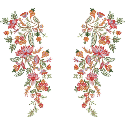 Elegant Multicolor Floral Neckline Embroidery Design with Symmetrical Botanical Vines