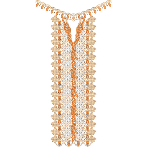 Intricate Orange Floral Lace Neck Embroidery Design with Scalloped Border