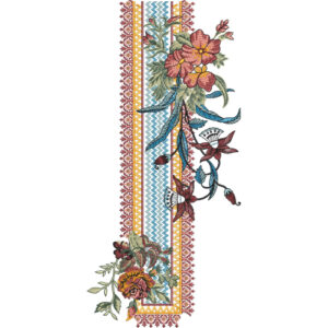 Colorful Floral Border Neck Embroidery Design with Geometric Chevron Panel