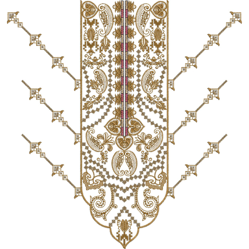 Traditional Golden Paisley and Floral V-Neck Embroidery Design