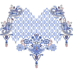 Blue Floral Paisley and Lattice Neck Embroidery Design