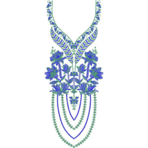 Blue and Green Floral V-Neck Embroidery Design