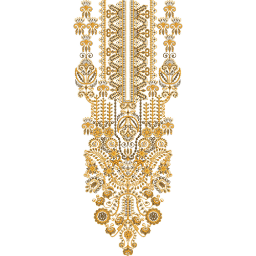 Golden Ornamental Floral and Paisley Neck Embroidery Design