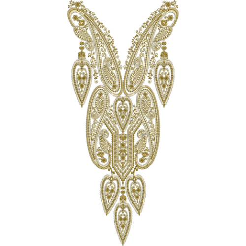 Golden Paisley and Heart Pendant Neck Embroidery Design