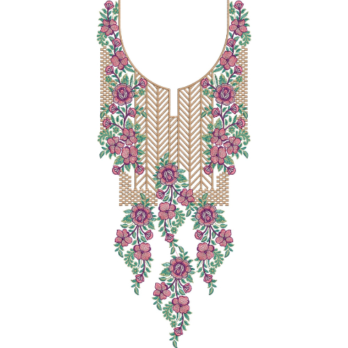 Pink and Green Floral Geometric Neck Embroidery Design