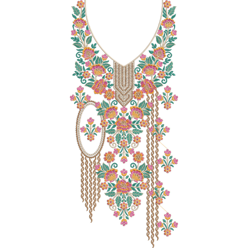 Multicolor Floral V-Neck Chain Embroidery Design