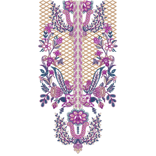 Purple Floral Paisley Lattice Neck Embroidery Design