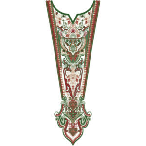 Green and Red Ornamental Floral V-Neck Embroidery Design