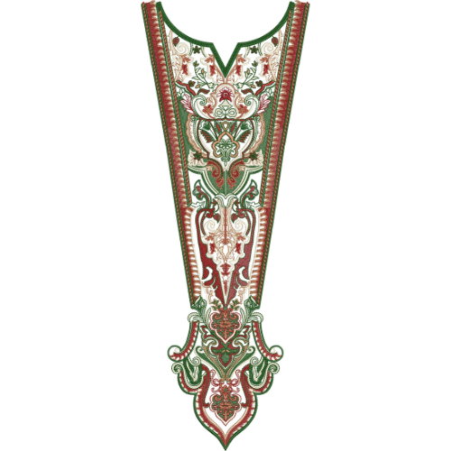 Green and Red Ornamental Floral V-Neck Embroidery Design