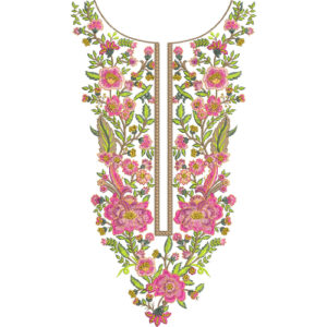 Pink Floral and Green Vine V-Neck Embroidery Design