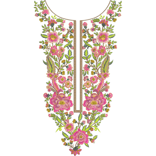 Pink Floral and Green Vine V-Neck Embroidery Design