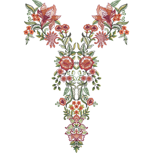 Multicolor Rose and Floral Vine Neck Embroidery Design