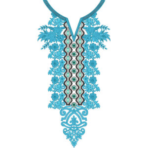 Turquoise Floral and Geometric V-Neck Embroidery Design
