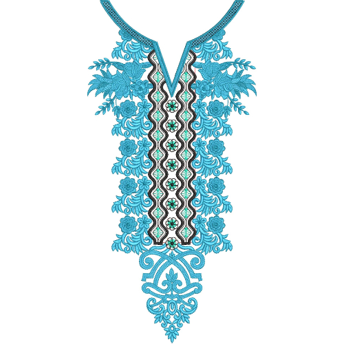 Turquoise Floral and Geometric V-Neck Embroidery Design
