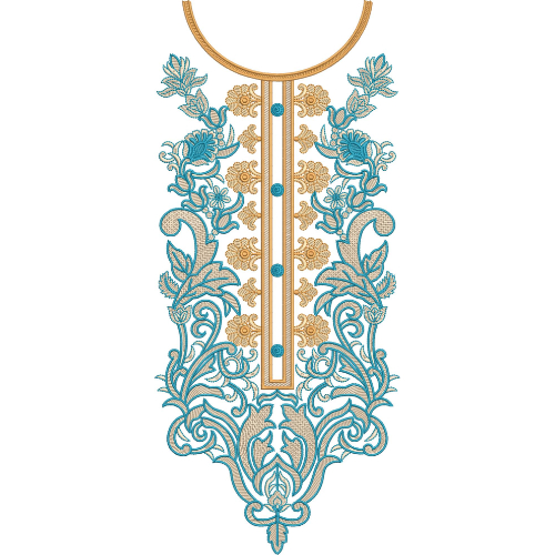 Turquoise and Gold Floral Ornamental Neck Embroidery Design