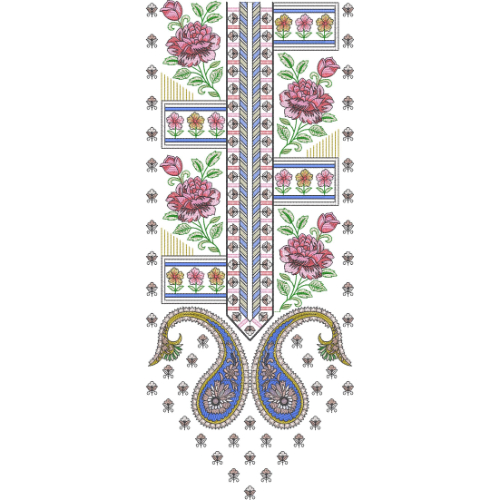 Pink Floral and Blue Paisley Neck Embroidery Design