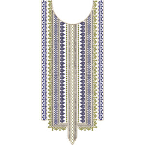 Blue and Olive Geometric Neckline Embroidery Design