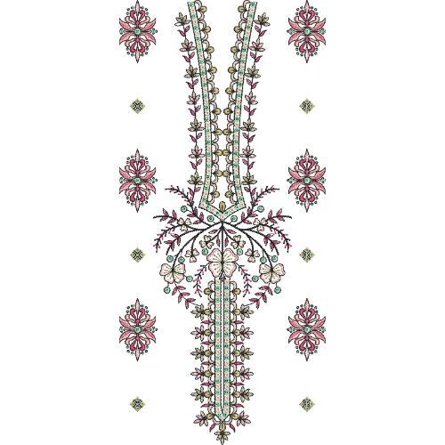 Elegant Floral Neckline Embroidery Design with Pink and Green Motifs