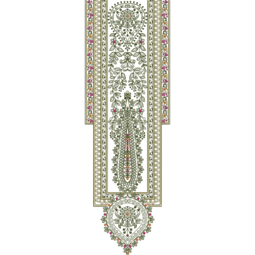 Elegant Olive Green Floral Panel Embroidery Design with Ornamental Border