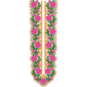 Elegant Pink Rose U-Neck Embroidery Design with Golden Lace Border