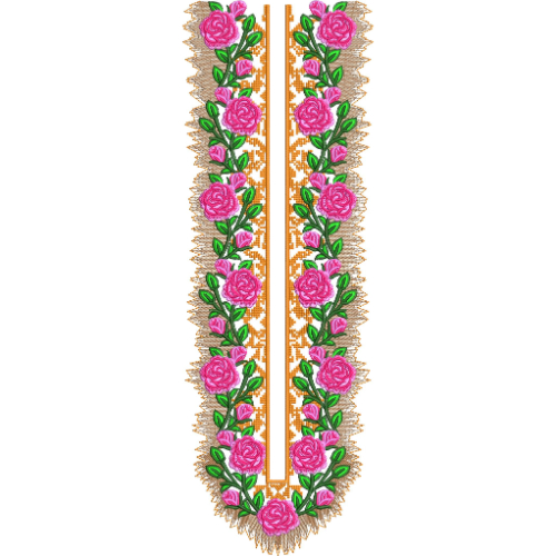 Elegant Pink Rose U-Neck Embroidery Design with Golden Lace Border