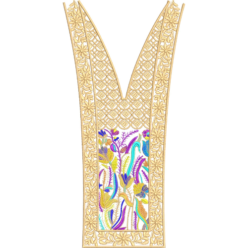 Elegant Gold and Multicolor Floral V-Neck Embroidery Design