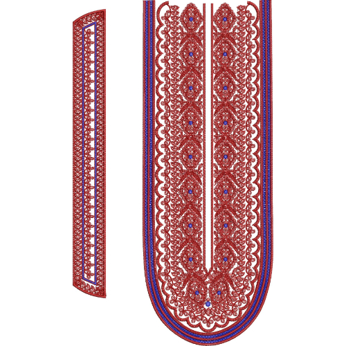 Red Lace Embroidered Neckline Design with Blue Border