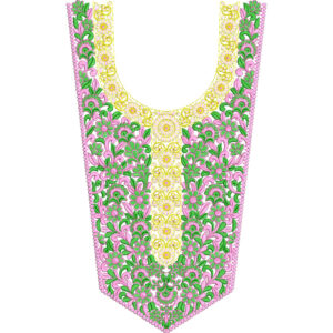 Pink and Green Floral Neckline Embroidery Design with Yellow Floral Panel