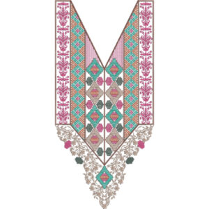 Turquoise and Pink Geometric V-Neck Embroidery Design with Floral Borders
