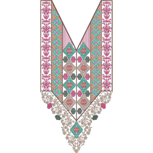 Turquoise and Pink Geometric V-Neck Embroidery Design with Floral Borders