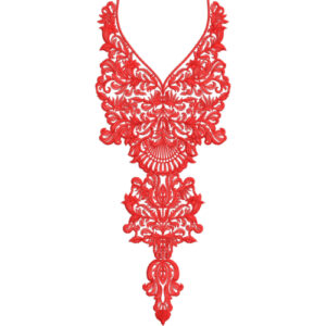 Red Ornamental V-Neck Embroidery Design with Intricate Floral Scrollwork