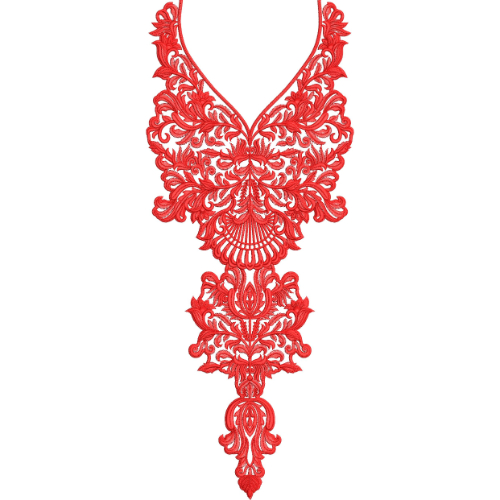 Red Ornamental V-Neck Embroidery Design with Intricate Floral Scrollwork