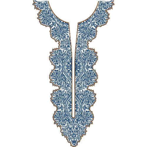 Blue Floral Lace V-Neck Embroidery Design with Scalloped Edges