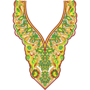 Green and Yellow Ornamental V-Neck Embroidery Design with Paisley Floral Motifs