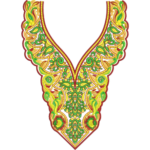 Green and Yellow Ornamental V-Neck Embroidery Design with Paisley Floral Motifs