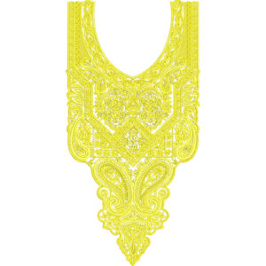 Golden Yellow Ornamental V-Neck Embroidery Design with Paisley and Floral Detailing