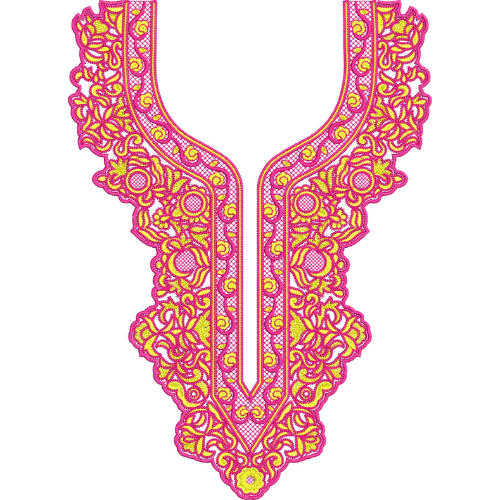 Pink and Yellow Floral V-Neck Embroidery Design