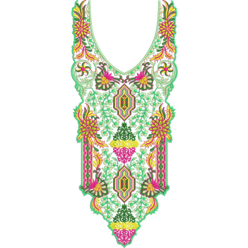 Colorful Floral and Geometric V-Neck Embroidery Design