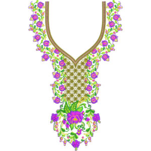 Floral V-Neck Embroidery Design with Geometric Center and Decorative Border